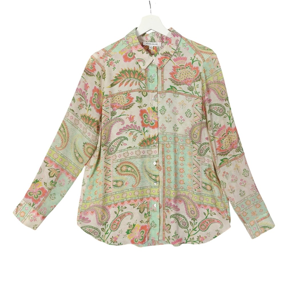 Rose+Olive Womens Cottage Patchwork Pastel Button Up Paisley Floral Top L Blouse